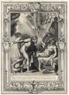Семела, поражённая огнём молний Зевса (лист известной работы "Храм муз", изданной в Амстердаме в 1733 году)