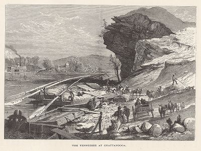 Разгрузка барж на реке Теннесси у города Чаттануга, штат Теннесси. Лист из издания "Picturesque America", т.I, Нью-Йорк, 1872.