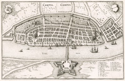 Город Кампен (Campia. Campen) с высоты птичьего полета. План составил Маттеус Мериан. Франкфурт-на-Майне, 1695