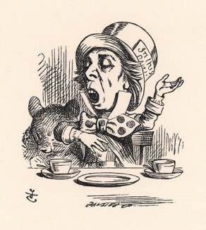 Ты мигаешь, филин мой! {f} Я не знаю, что с тобой! (иллюстрация Джона Тенниела к книге Льюиса Кэрролла «Алиса в Стране Чудес», выпущенной в Лондоне в 1870 году)