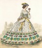 Платье из органзы с большим воланом. Из альбома литографий Paris. Miroir de la mode, посвящённого французской моде 1850-60 гг. Париж, 1959