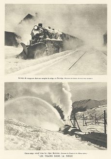 Снегоуборочные поезда в Норвегии и Швейцарии. Les chemins de fer, Париж, 1935