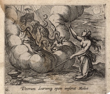 Медея молит богов о помощи. Гравировал Антонио Темпеста для своей знаменитой серии "Метаморфозы" Овидия, л.63. Амстердам, 1606