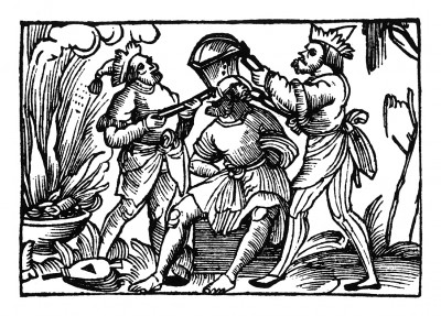 На Христофора надевают железную шапку. Из "Жития Святого Христофора" (S. Christops Geburt und Leben) неизвестного немецкого мастера. Издал Johann Weyssenburger, Ландсхут, 1520. 