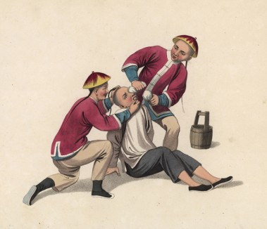 Пытка соком лайма, при которой глаза выжигаются лимонной кислотой (лист 11 устрашающей работы "Китайские наказания", изданной в Лондоне в 1801 году)