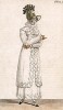 Тюлевая шляпка, украшенная гроздьями сирени, а также платье и плащик из белого перкаля. Из первого французского журнала мод эпохи ампир Journal des dames et des modes, Париж, 1813. Модель № 1309