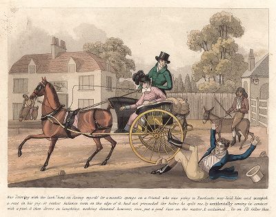 Сатирическая гравюра, высмеивающая любителей излишне лёгких и ненадежных в эксплуатации экипажей. Лондон, 1824