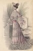 Розовое шёлковое платье с пелериной и вставками из кружев. Напуск, рукава и шляпа украшены бантами (Les grandes modes de Paris за 1903 год. Декабрь)