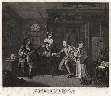 Модный брак, гравюра 3. «Визит к шарлатану», 1745. Граф приводит к врачу свою юную любовницу. У мужчины на шее сифилитическое пятно, в левой руке - коробка с таблетками, которые не подействовали. В правой руке он угрожающе сжимает палку. Геттинген, 1854