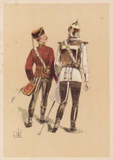 Германские офицеры-гвардейцы 1890-х гг.; гусар и кирасир (из "Иллюстрированной истории верховой езды", изданной в Париже в 1893 году)
