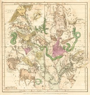 Видимая часть неба в июле, августе и сентябре. Atlas, designed to illustrate The Geography of the heavens by Elijah H. Burritt, л.5, Нью-Йорк, 1841