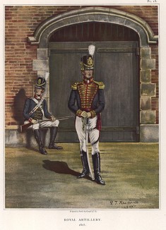 Офицер и канонир полевой артиллерии в форме образца 1815 года (лист XIII работы "История мундира королевской артиллерии в 1625--1897 годах", изданной в Париже в 1899 году)