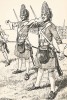 Гренадеры шведской гвардейской пехоты в униформе образца 1700 г. на занятиях по метанию гранат. Svenska arméns munderingar 1680-1905. Стокгольм, 1911