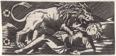 Лев, нападающий на человека. Итальянское ньелло мастера из «группы Финигуэрра», третья четверть XV века. 