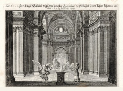 Явление ангела Захарии (из Biblisches Engel- und Kunstwerk -- шедевра германского барокко. Гравировал неподражаемый Иоганн Ульрих Краусс в Аугсбурге в 1694 году)