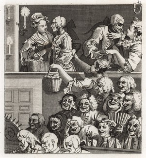 Веселая публика, 1733. Гравюра создана в качестве подписного талона на оплату девяти работ Хогарта: «Саутворкской ярмарки» и восьми из серии «Карьера мота». Изображены зрители, смотрящие комедию. Геттинген, 1854