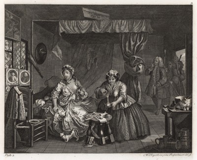 Карьера шлюхи, гравюра 3. «Арест», 1732. Поссорившись с богатым покровителем, Молл вынуждена заниматься проституцией. На гравюре - арест девушки судебными приставами. Геттинген, 1854
