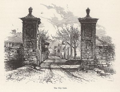 Городские ворота Сент-Аугустина, штат Флорида. Лист из издания "Picturesque America", т.I, Нью-Йорк, 1872.
