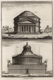 Храм карающего Юпитера, или Пантеон Агриппы. Гробница Адриана (Ивердонская энциклопедия. Том I. Швейцария, 1775 год)