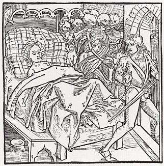 Мертвецы, собравшиеся у постели дочери императора Константинополя, охраняют её от нескромного рыцаря (иллюстрация к книге "Рыцарь Башни", гравированная Дюрером в 1493 году)