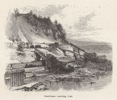 Баржи загружаются углем у подножия горы Мок-Чанк, штат Пенсильвания. Лист из издания "Picturesque America", т.I, Нью-Йорк, 1872.