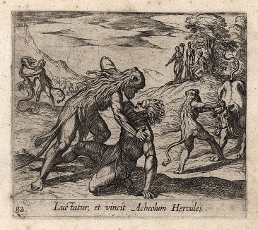 Геркулес борется с Ахелоем. Гравировал Антонио Темпеста для своей знаменитой серии "Метаморфозы" Овидия, л.82. Амстердам, 1606
