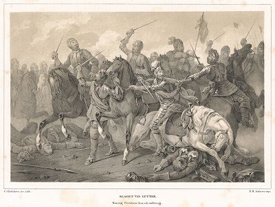 Тридцатилетняя война. Датский король Кристиан IV спасается от имперских кирасиров фельдмаршала Тилли в битве при Люттере (1626). Trettioariga kriget. Стокгольм, 1847