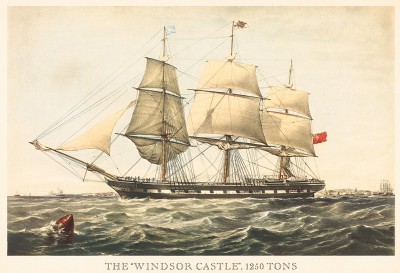 Британский парусник "Виндзорский замок" водоизмещением 1250 тонн, построенный в 1857 г. Репринт середины XX века со старинной английской гравюры
