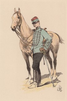 Французский гусар в полевой форме образца 1890-х гг. (из "Иллюстрированной истории верховой езды", изданной в Париже в 1893 году)