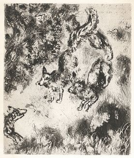 Иллюстрация Марка Шагала к сказке Лафонтена "Лисица с отрубленным хвостом". 