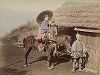 Крестьянин и девушка на лошади. Крашенная вручную японская альбуминовая фотография эпохи Мэйдзи (1868-1912). 