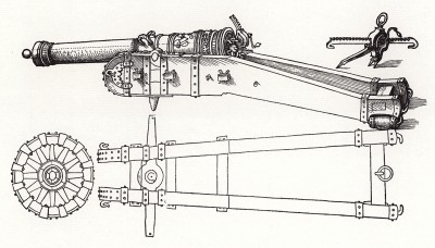 Пушка и чертёж лафета (гравюра Дюрера из "Наставлений по искусству укрепления крепостей, замков и городов")