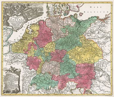 Карта северо-западной Европы. Mappa Geographica exhibens Postas omnes tam vehiculares quam veredarias Totius Germaniae . . .