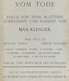 Титульный лист сюиты Макса Клингера "О Смерти, часть первая, Опус IX", Берлин, 1897 год. 