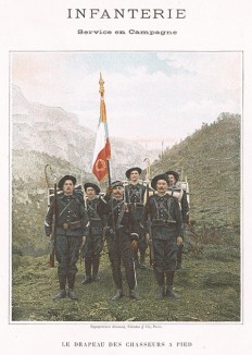 Полковое знамя и полевая форма французских пеших егерей. L'Album militaire. Livraison №2. Infanterie. Serviсe en campagne. Париж, 1890