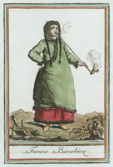 Женщина из Барабинской степи, курящая трубку (иллюстрация к работе Costumes civils actuels de tous les peuples..., изданной в Париже в 1788 году)