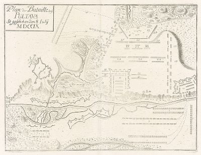 План Полтавской битвы, состоявшейся 8 июля 1709 года. Лист из Theatrum Europaeum Маттеуса Мериана. 
