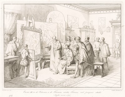 Июль 1574 г. Король Франции Генрих III (1551-89) посещает Тициана в его мастерской. Storia Veneta, л.116. Венеция, 1864
