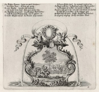 Исаак встречает Ревекку (из Biblisches Engel- und Kunstwerk -- шедевра германского барокко. Гравировал неподражаемый Иоганн Ульрих Краусс в Аугсбурге в 1700 году)