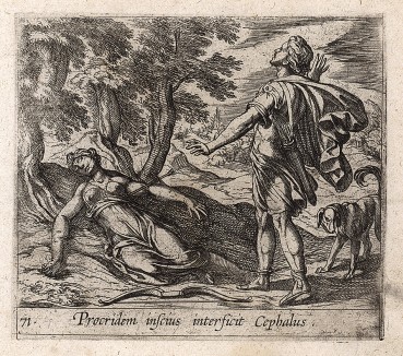 Кефал случайно убивает Прокриду. Гравировал Антонио Темпеста для своей знаменитой серии "Метаморфозы" Овидия, л.71. Амстердам, 1606