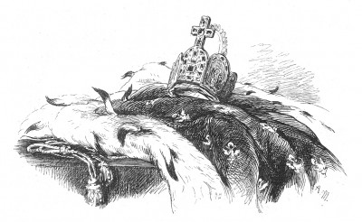 Корона Пруссии и горностаевая мантия её короля. Илл. Адольфа Менцеля. Geschichte Friedrichs des Grossen von Franz Kugler. Лейпциг, 1842, с.156