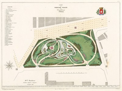 Городской парк в Монтелимаре, Дром, Франция. Общий план. F.Duvillers, Les parcs et jardins, т.I, л.1. Париж, 1871 