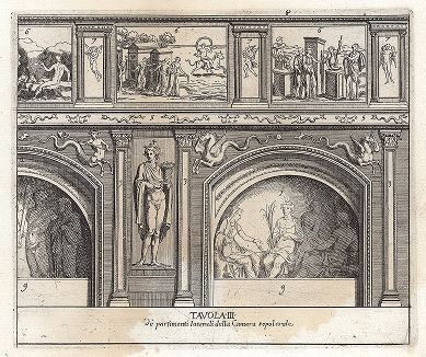 Одна из стен с росписью в гробнице Назония.  Le Pitture Antiche del Sepolcro de' Nasonii...", Рим, 1702 год