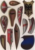 Средневековые французские щиты для конного боя: норманнский щит, тарч, павеза, рондаш и кулачный щит (из Les arts somptuaires... Париж. 1858 год)