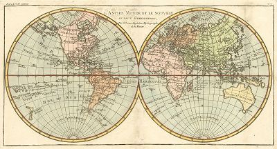 Карта Старого и Нового Света. L'Ancien Monde et le Nouveau en Deux Hemispheres. Составил Ригобер Бонне, Париж, 1780.