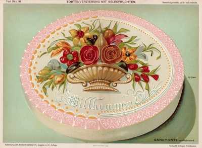 Песочный торт с надписью "Добро пожаловать !", украшенный марципановыми фруктами (дизайн кондитера Макса Бернхарда)