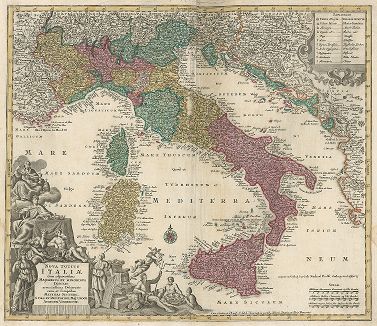 Карта Италии со всеми островами. Nova Totius Italiae cum adjacentibus Majoribus et Minoribus Insulis. 