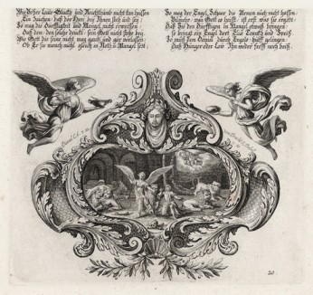 Ангел спасает пророка Даниила от разъярённых львов (из Biblisches Engel- und Kunstwerk -- шедевра германского барокко. Гравировал неподражаемый Иоганн Ульрих Краусс в Аугсбурге в 1694 году)