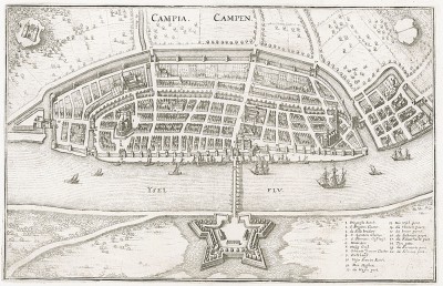 Город Кампен с высоты птичьего полета. Campia. Campen. Из Theatrum Europeaum. Франкфурт-на-Майне, 1667