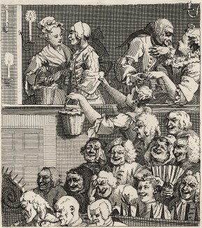 Веселая публика, 1733. Гравюра выполнена как подписной талон на оплату девяти работ Хогарта: «Саутворкской ярмарки» и восьми гравюр из серии «Карьера мота». Изображены зрители, смотрящие комедию. Лондон, 1838